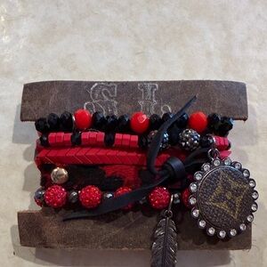 Red and Black Beaded Bracelet with Charm